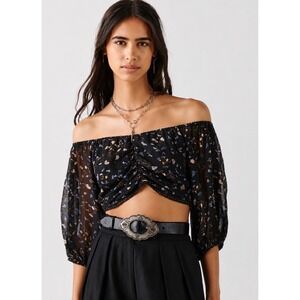 Ba&sh Topaz Floral Crop Top Black Puff Sleeve Smocked Blouse XS Off the Shoulder